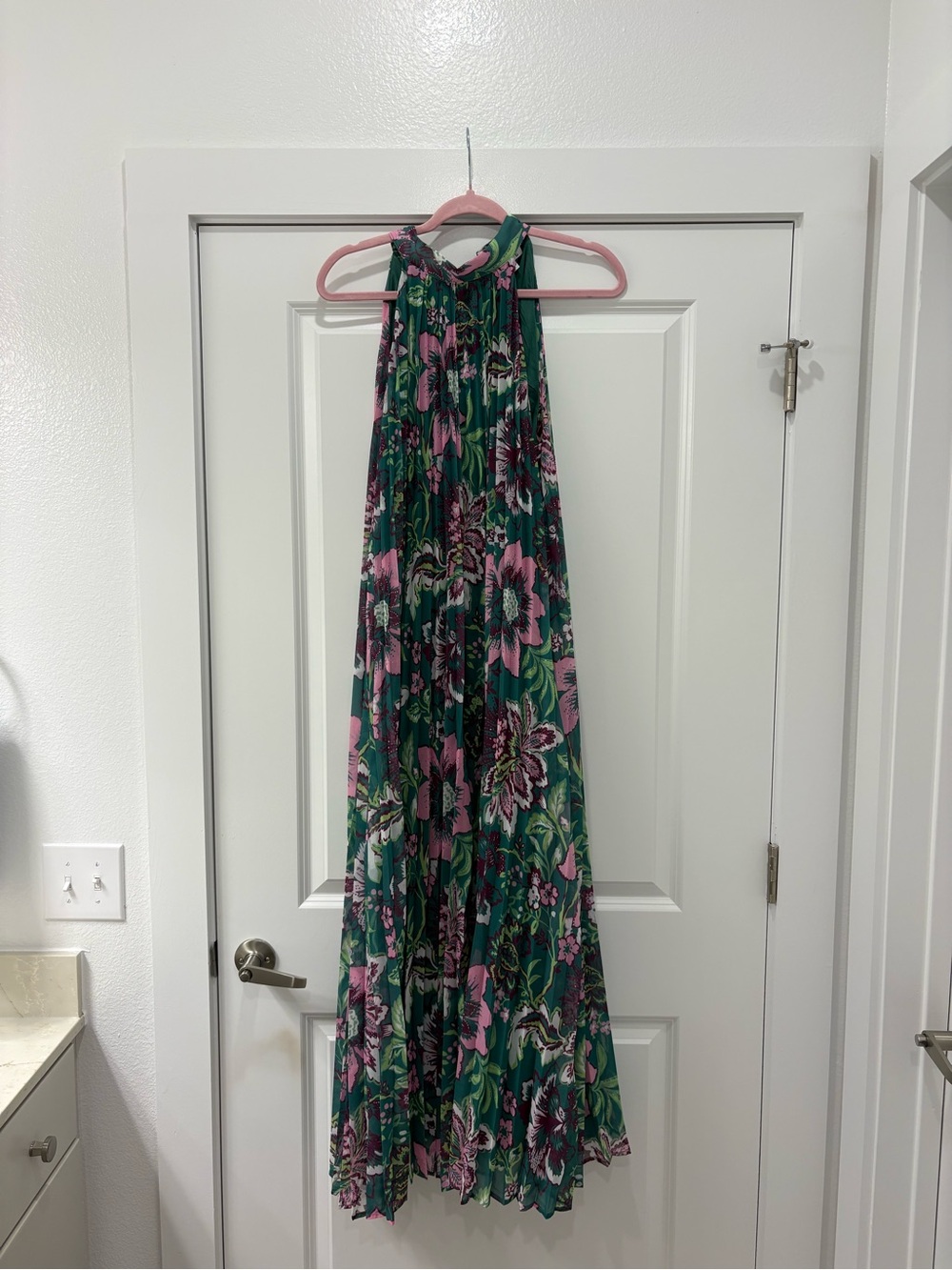 TCEC Green Halter Maxi Dress with Pink Floral Print